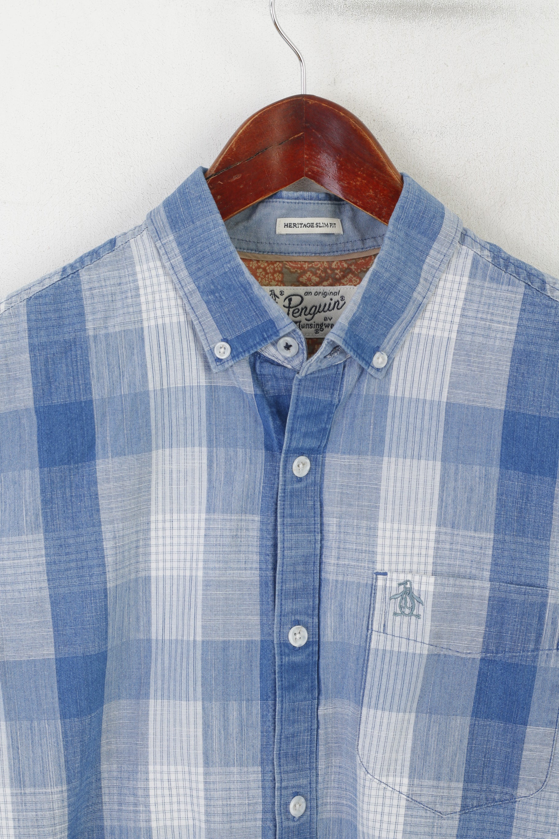 Penguin Men S Casual Shirt Blue Cotton Check Heritage Slim Fit Long Sl Retrospect Clothes Penguin Men S Casual Shirt Blue Cotton Check Heritage Slim Fit Long Sl Retrospect Clothes