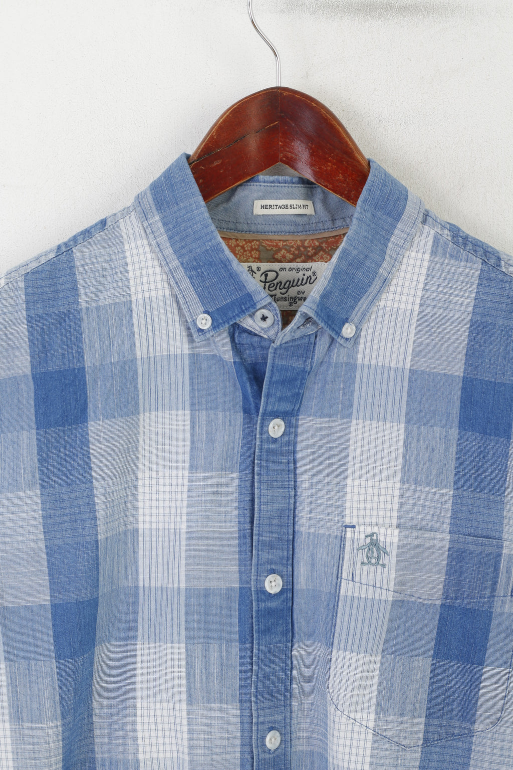 Penguin Chemise décontractée pour homme en coton bleu à carreaux Heritage Slim Fit à manches longues