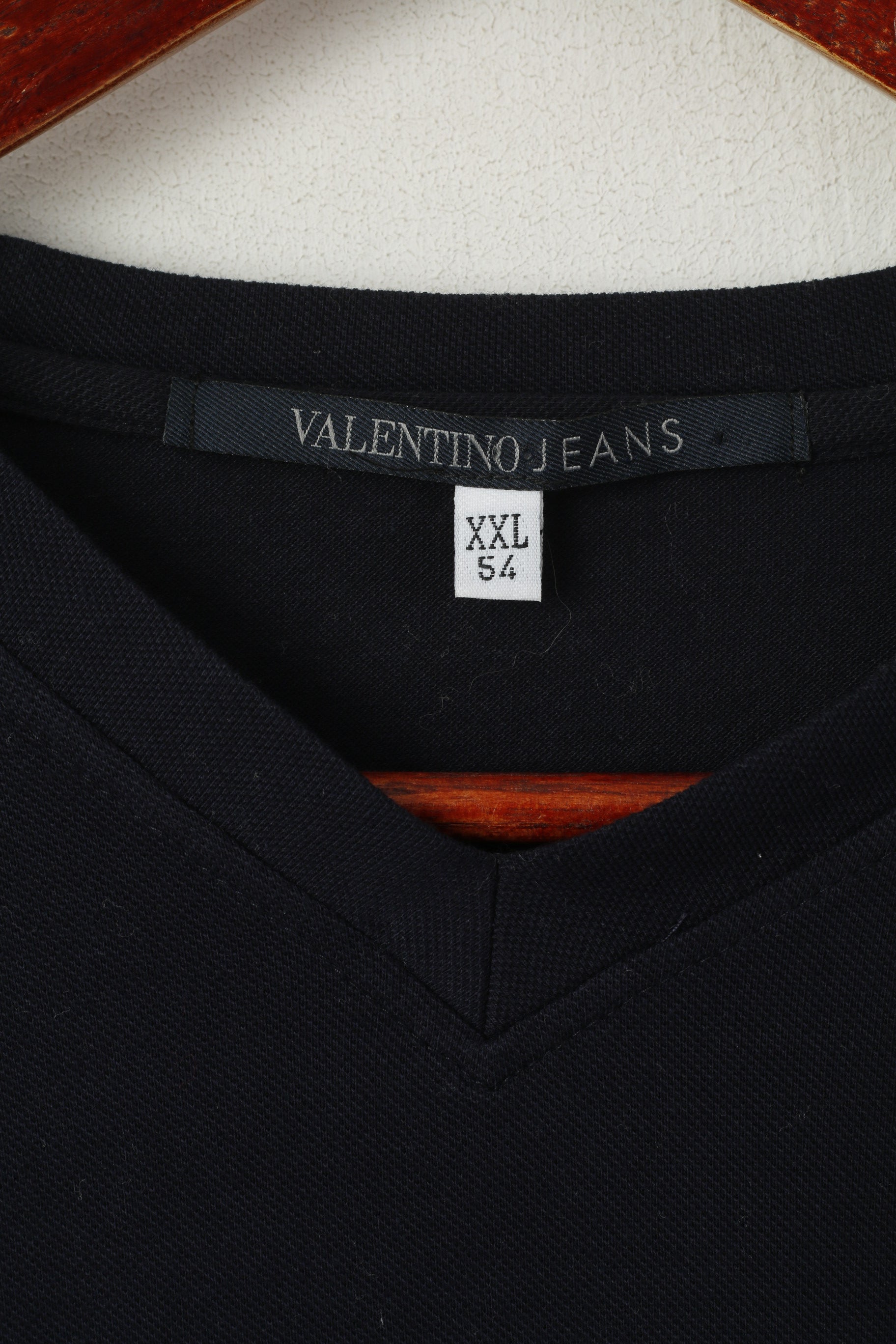 Valentino Jeans Men XXL 54 (L) Shirt Navy 100% Cotton V Neck Classic Logo Plain Top