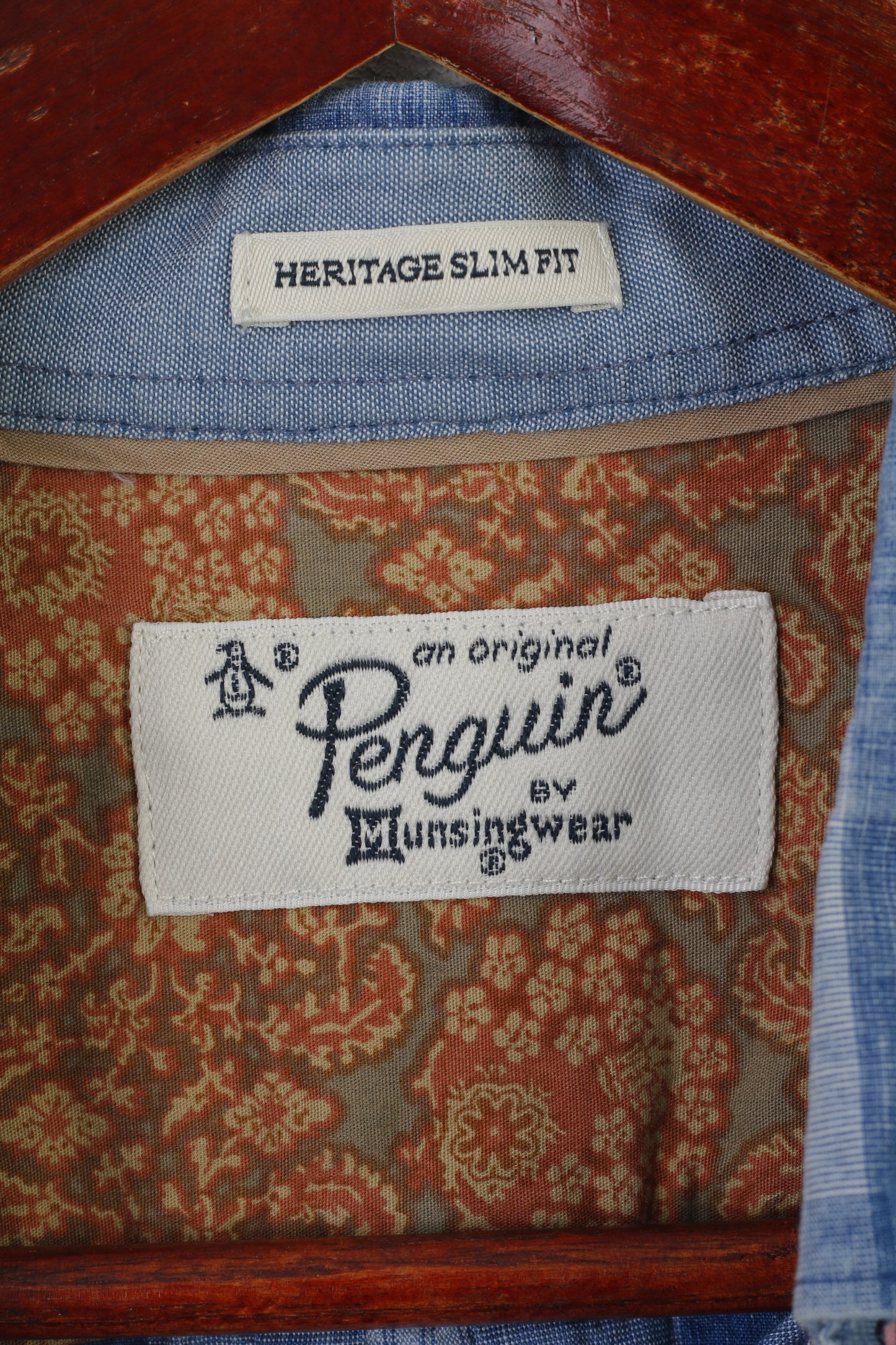 Penguin Men S Casual Shirt Blue Cotton Check Heritage Slim Fit Long Sleeve Top