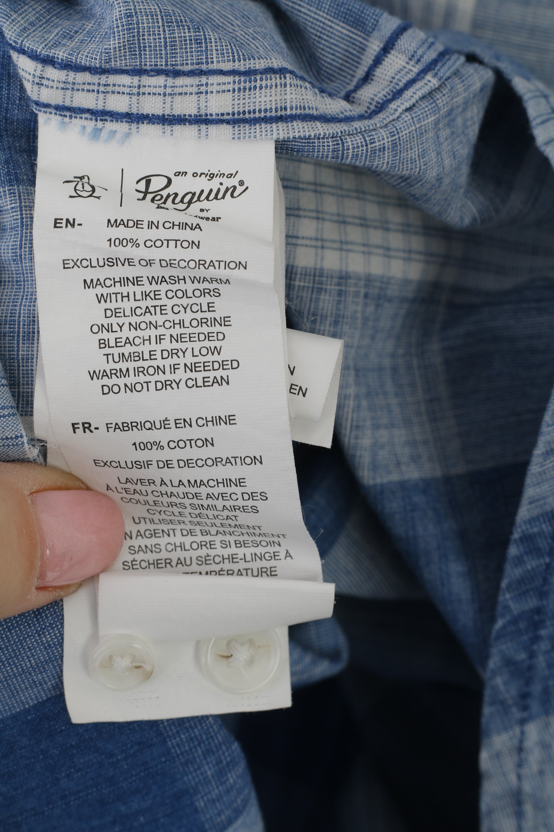 Penguin Chemise décontractée pour homme en coton bleu à carreaux Heritage Slim Fit à manches longues