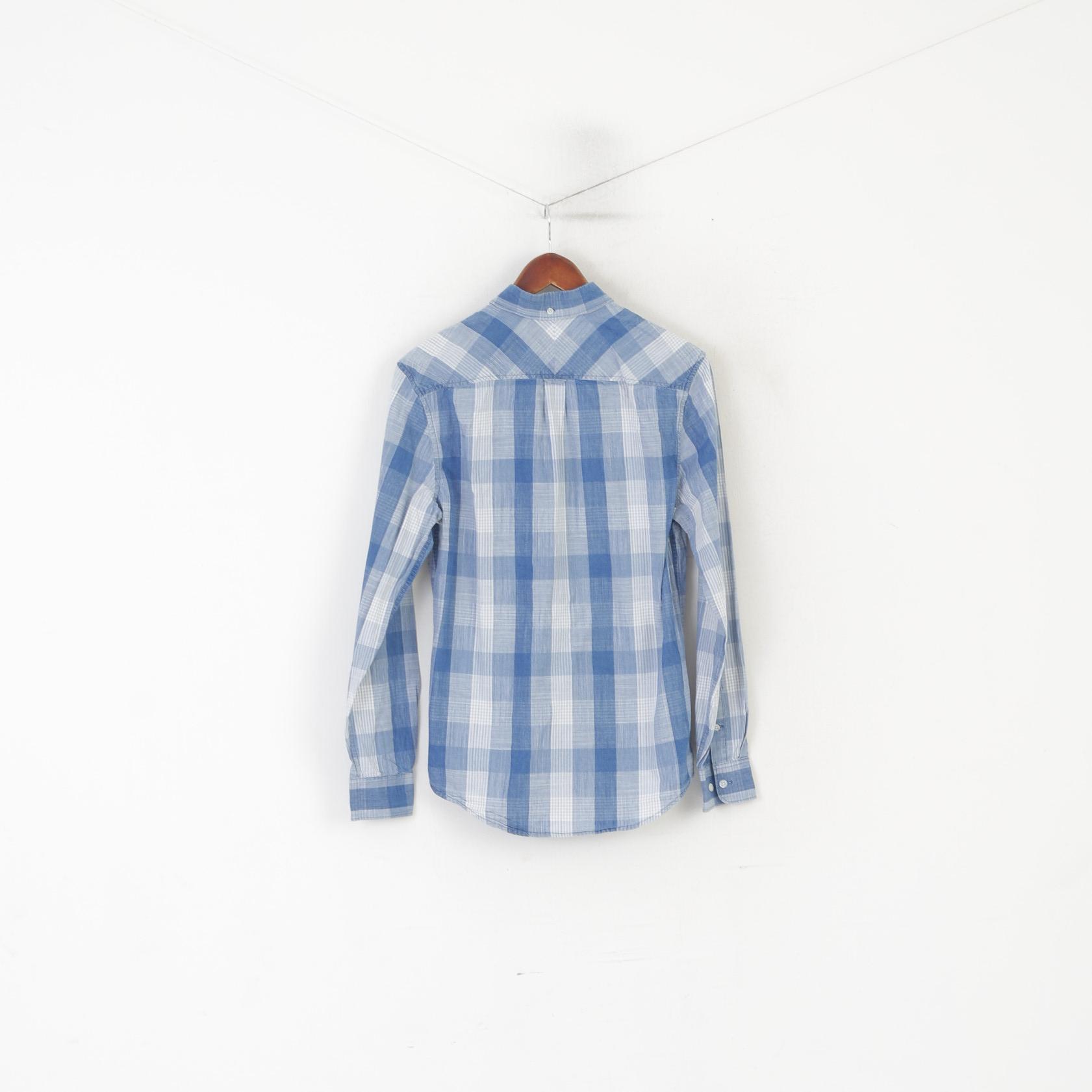 Penguin Men S Casual Shirt Blue Cotton Check Heritage Slim Fit Long Sl   Retrospect Clothes