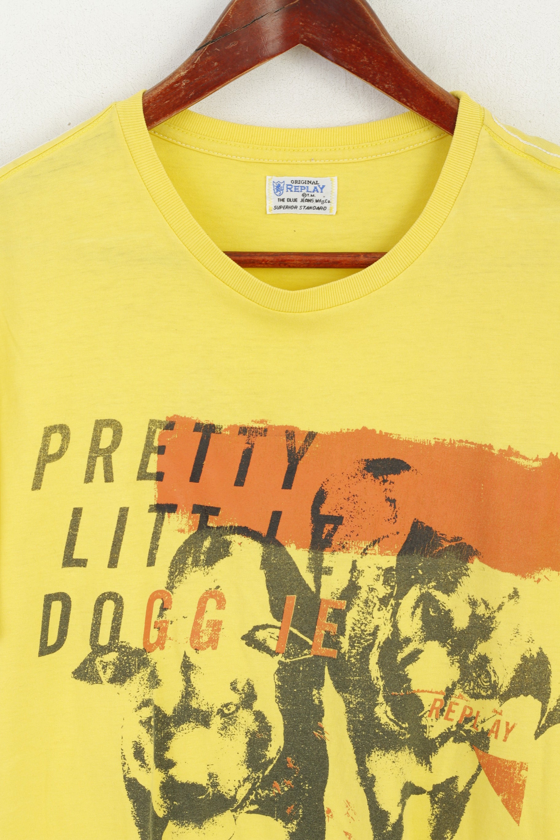 Replay Men M Shirt Jaune Graphique Coton Pretty Little Dog Crew Neck Top