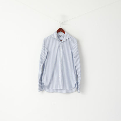 Jaeger London Men 15.5 M Casual Shirt Blue Striped Cotton Cuff Long Sleeve Top