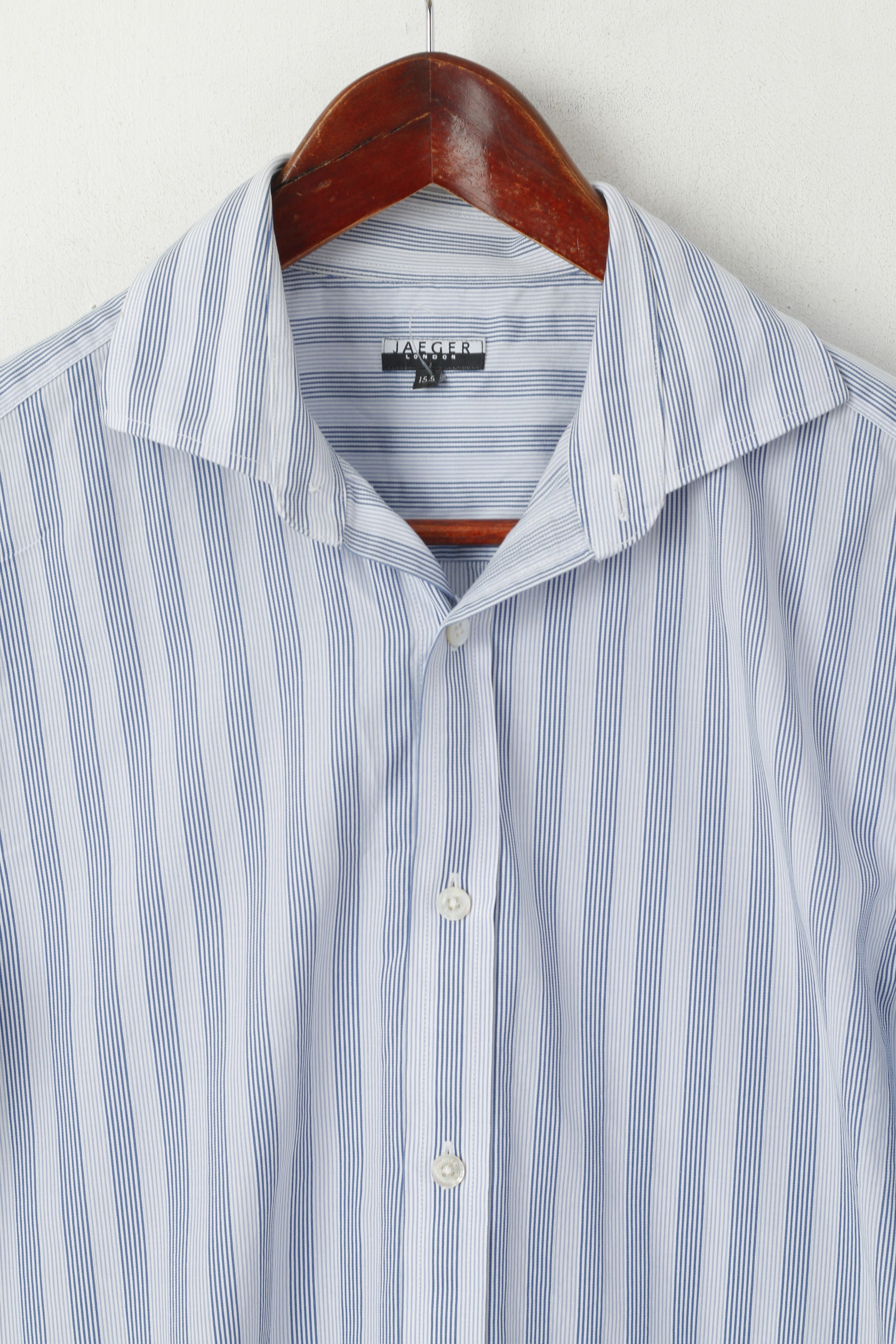 Jaeger London Men 15.5 M Casual Shirt Blue Striped Cotton Cuff Long Sleeve Top