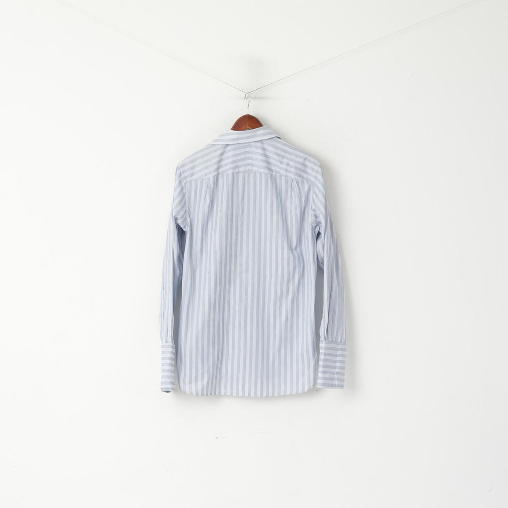 Jaeger London Men 15.5 M Casual Shirt Blue Striped Cotton Cuff Long Sleeve Top