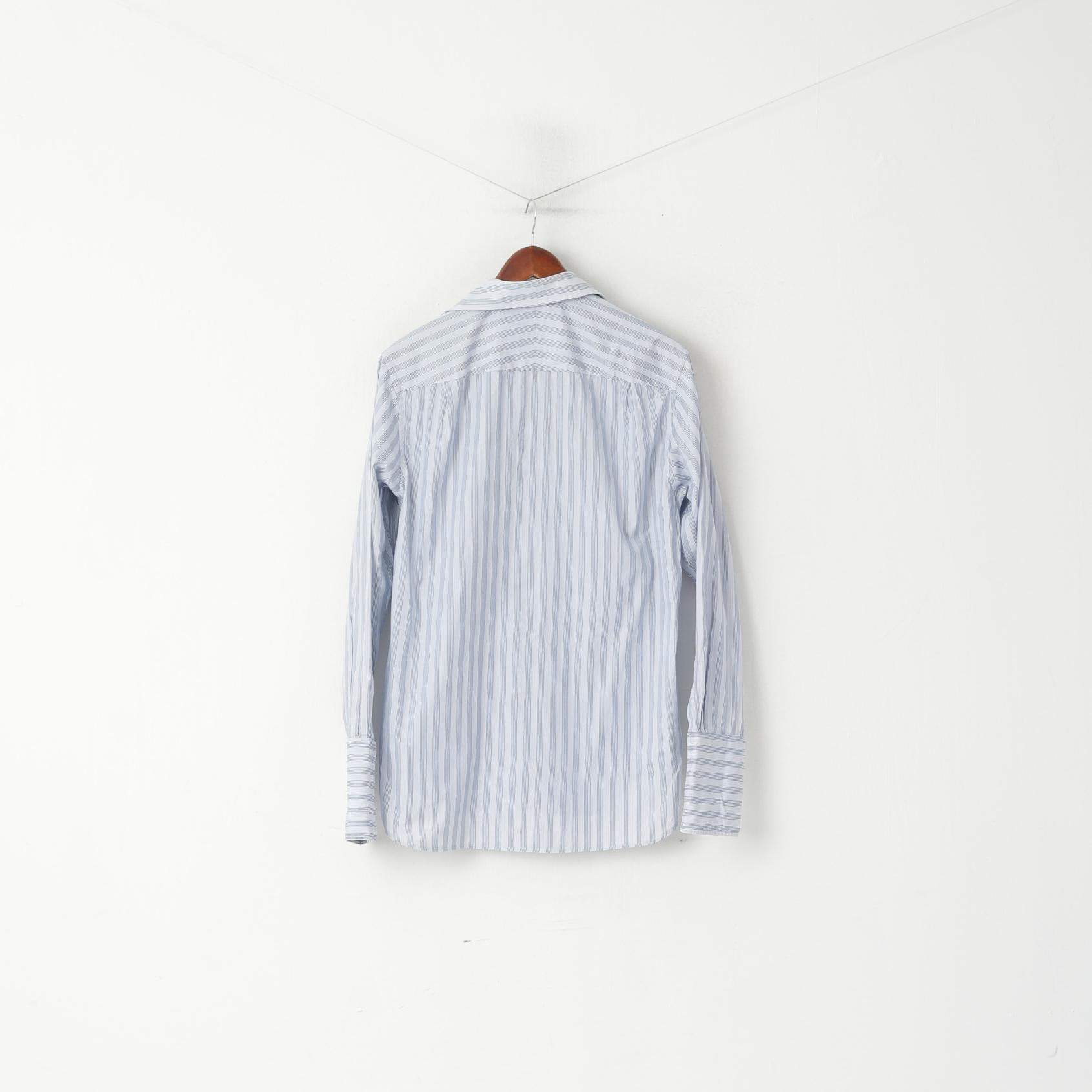 Jaeger London Men 15.5 M Casual Shirt Blue Striped Cotton Cuff Long Sleeve Top