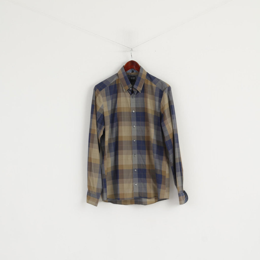 Olymp Level Five Men 16" 41 L  Casual Shirt Brown Check Body Fit Long Sleeve Top
