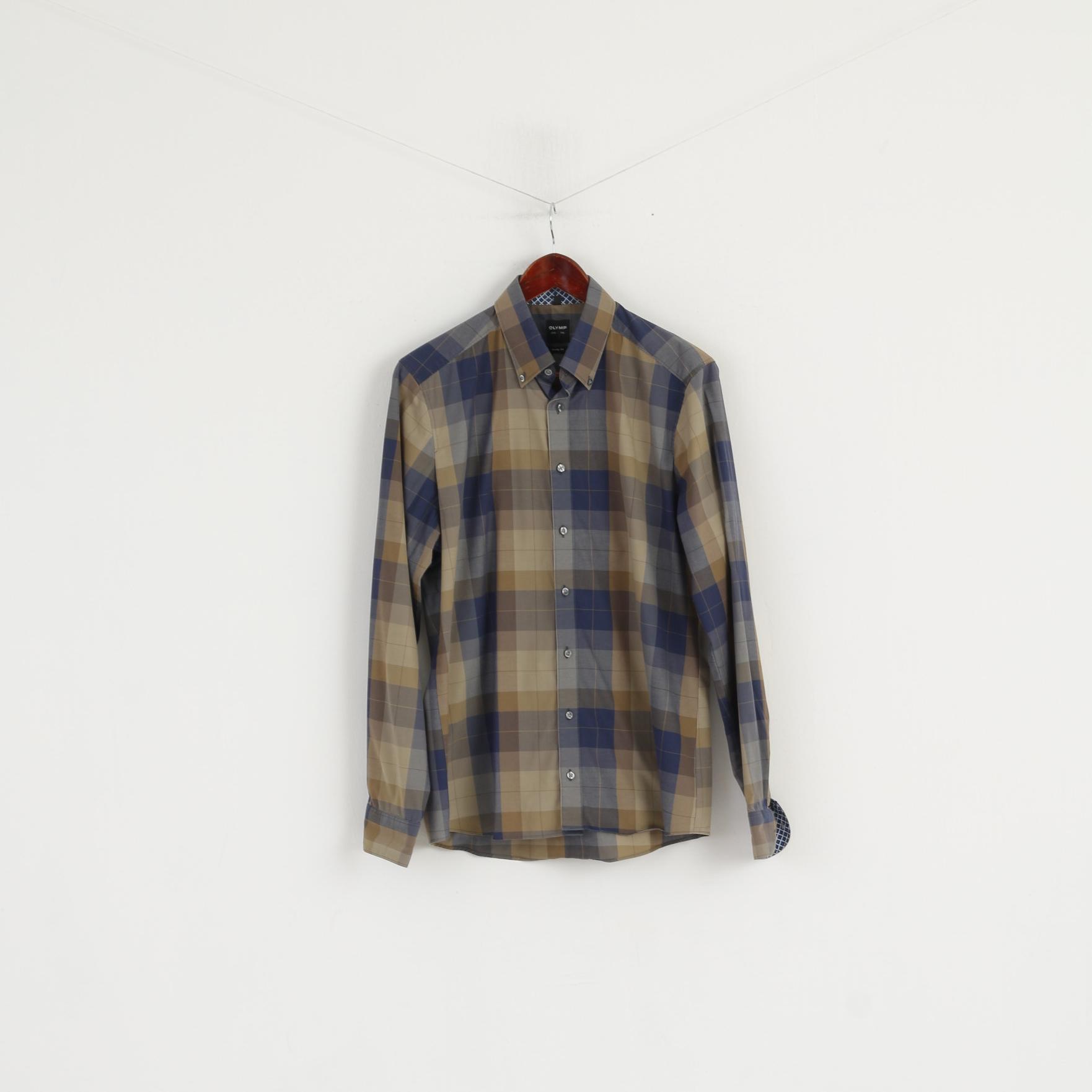 Olymp Level Five Men 16" 41 L  Casual Shirt Brown Check Body Fit Long Sleeve Top