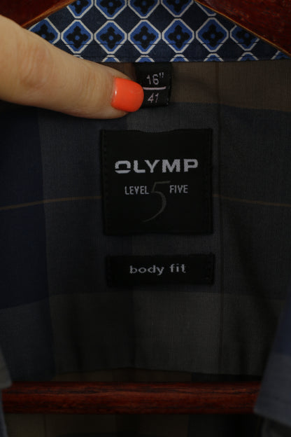 Olymp Level Five Chemise décontractée pour homme 40,6 cm 41 L Marron à carreaux Body Fit Haut à manches longues