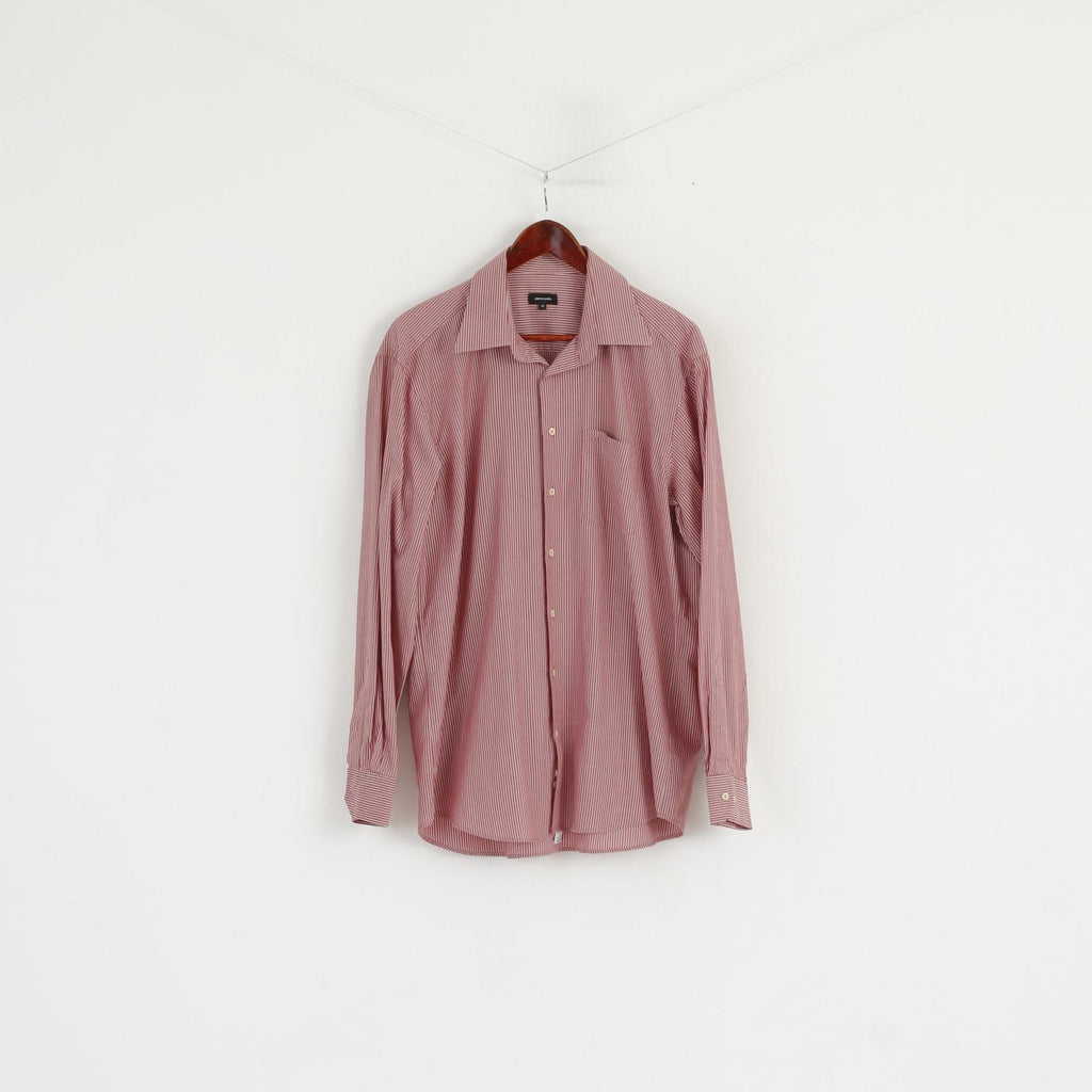 Pierre Cardin Hommes 42 L Chemise Décontractée Marron Coton Rayé Haut À Manches Longues
