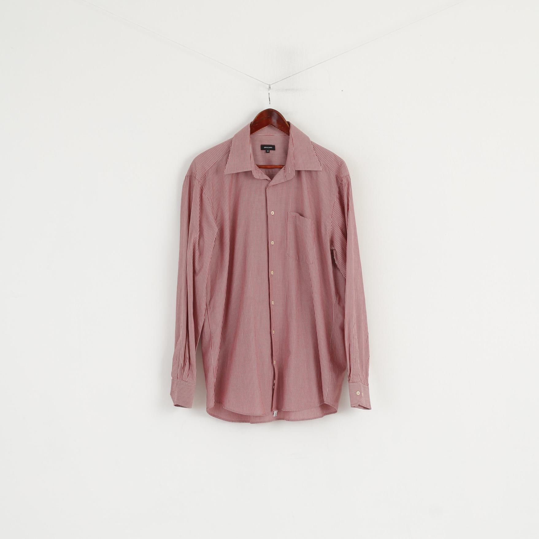 Pierre Cardin Men 42 L Casual Shirt Maroon Cotton Striped Long Sleeve Top