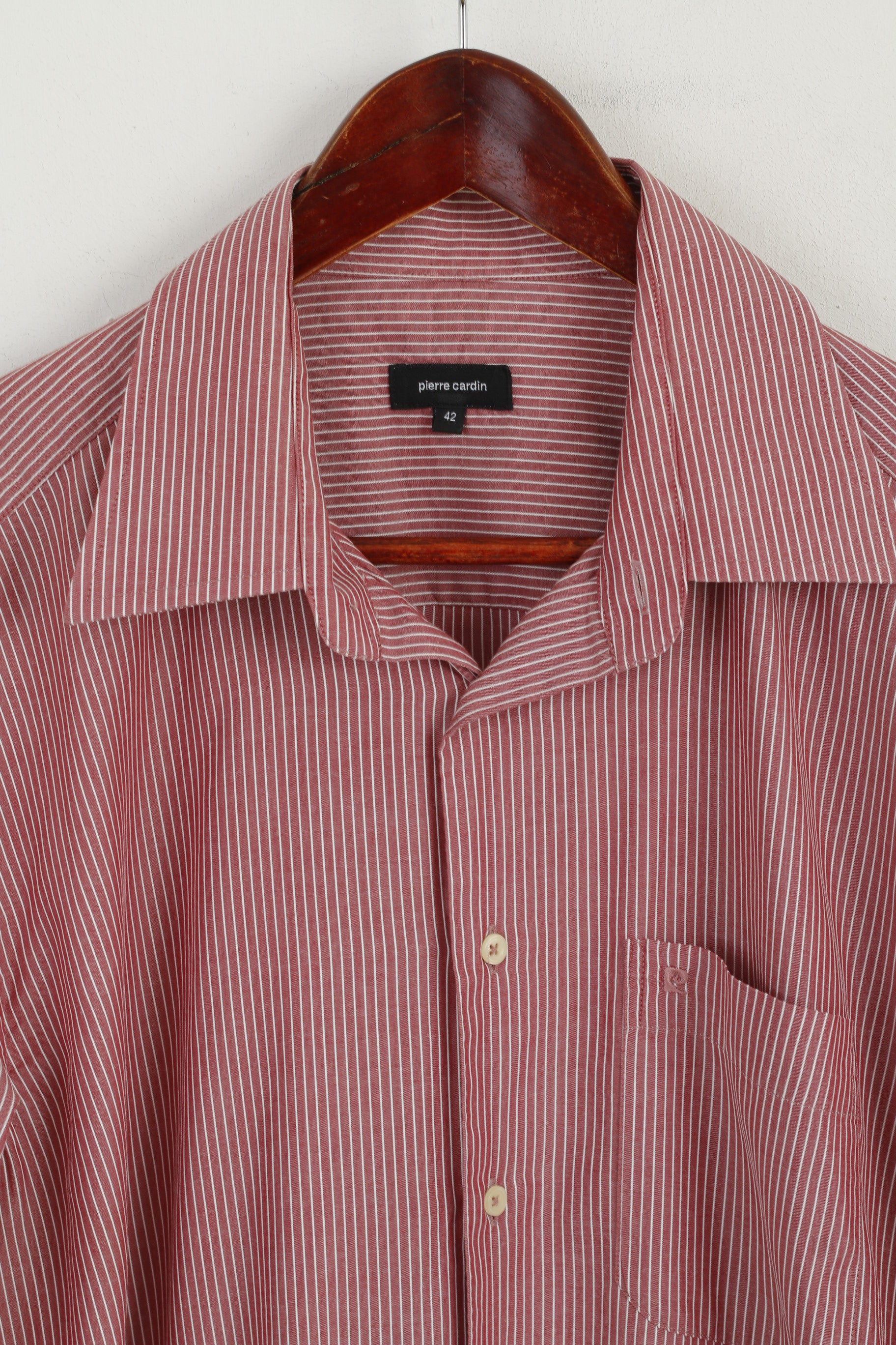 Pierre Cardin Men 42 L Casual Shirt Maroon Cotton Striped Long Sleeve Top