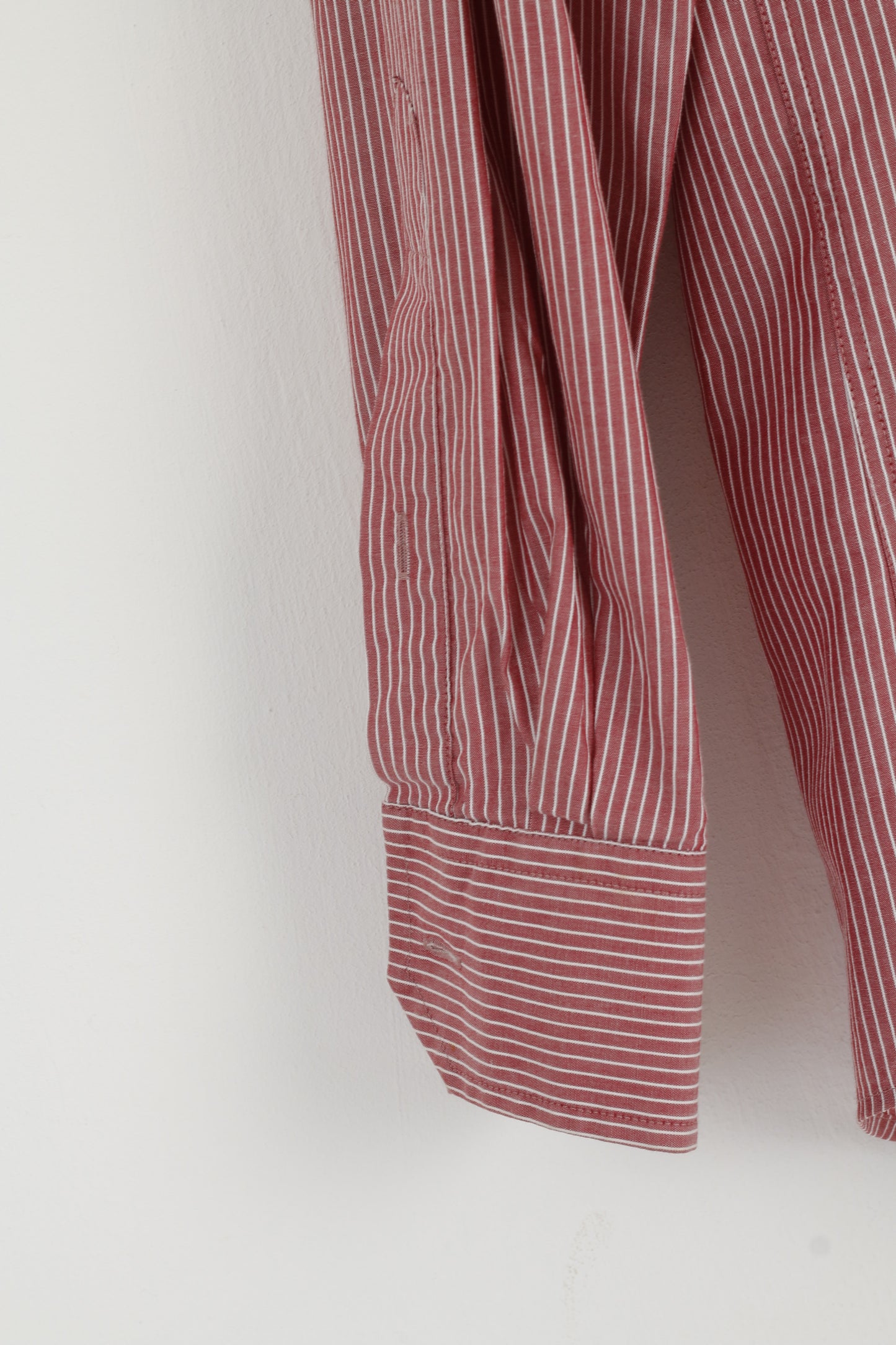 Pierre Cardin Men 42 L Casual Shirt Maroon Cotton Striped Long Sleeve Top