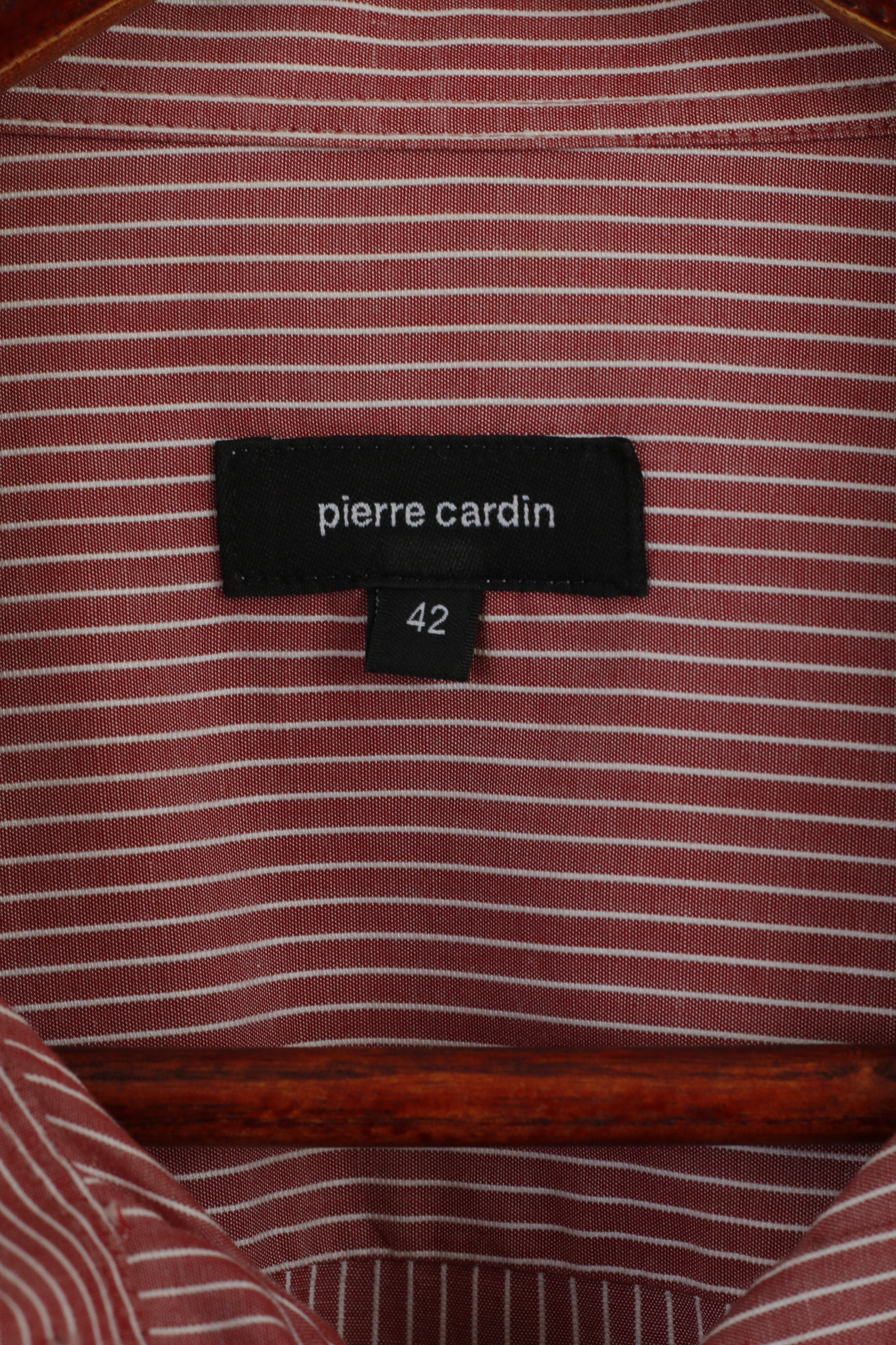 Pierre Cardin Men 42 L Casual Shirt Maroon Cotton Striped Long Sleeve Top