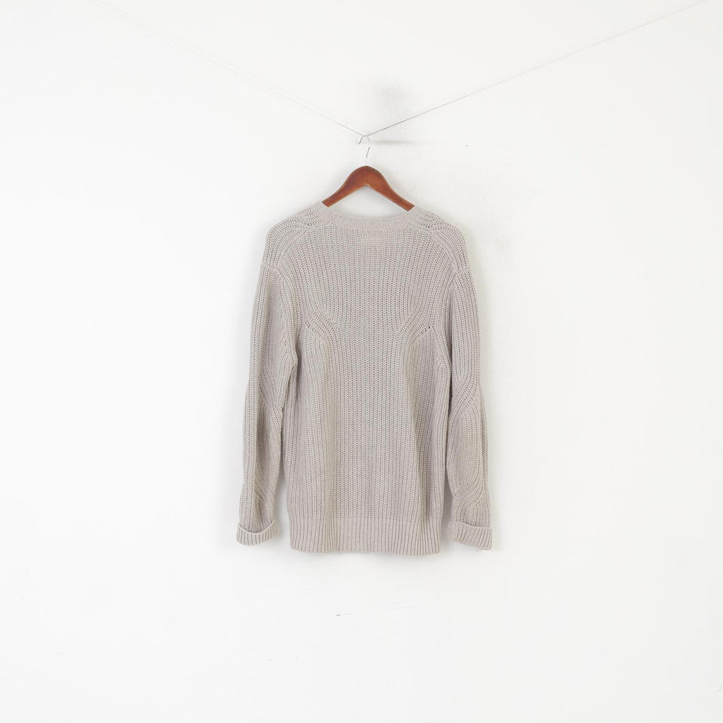 All Saints Men L Jumper Pull décontracté en tricot de coton gris à col rond