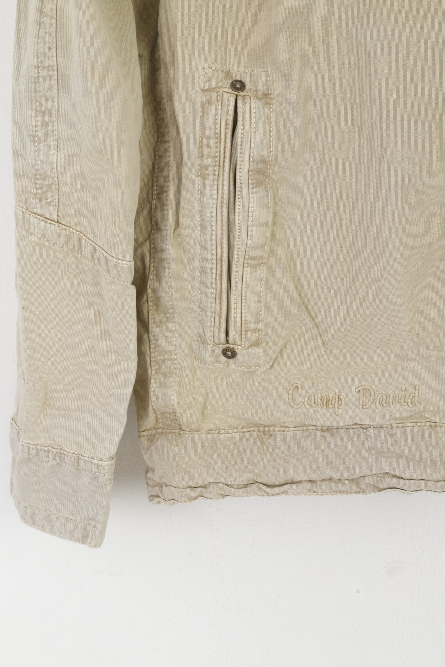 Camp David Men M Jacket Beige Cotton Denim Vintage Full Zipper Classic Top