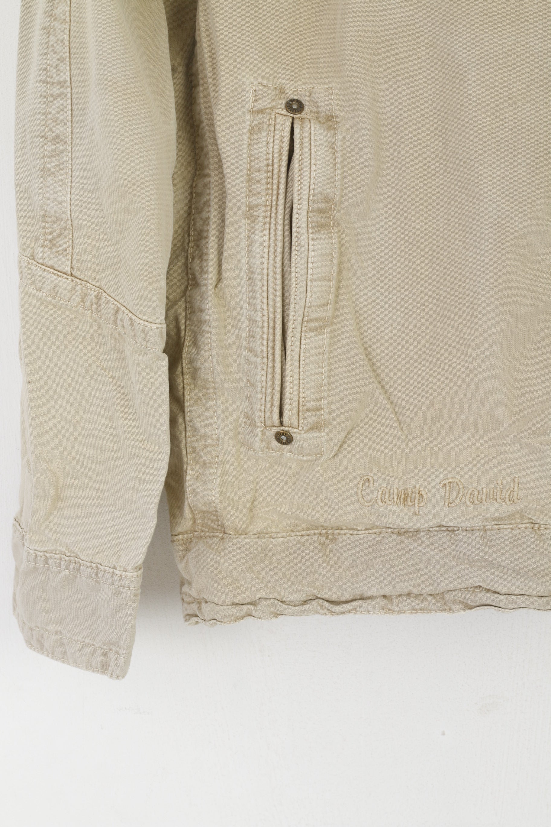 Camp David Men M Jacket Beige Cotton Denim Vintage Full Zipper Classic Top