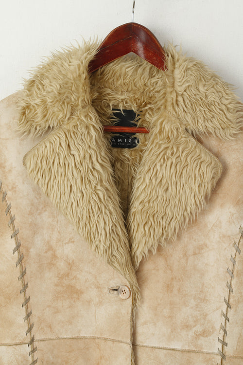 Amisu Manteau Femme 40 M Beige Boho Long Boutonné Fausse Fourrure Inserts Poche Haut