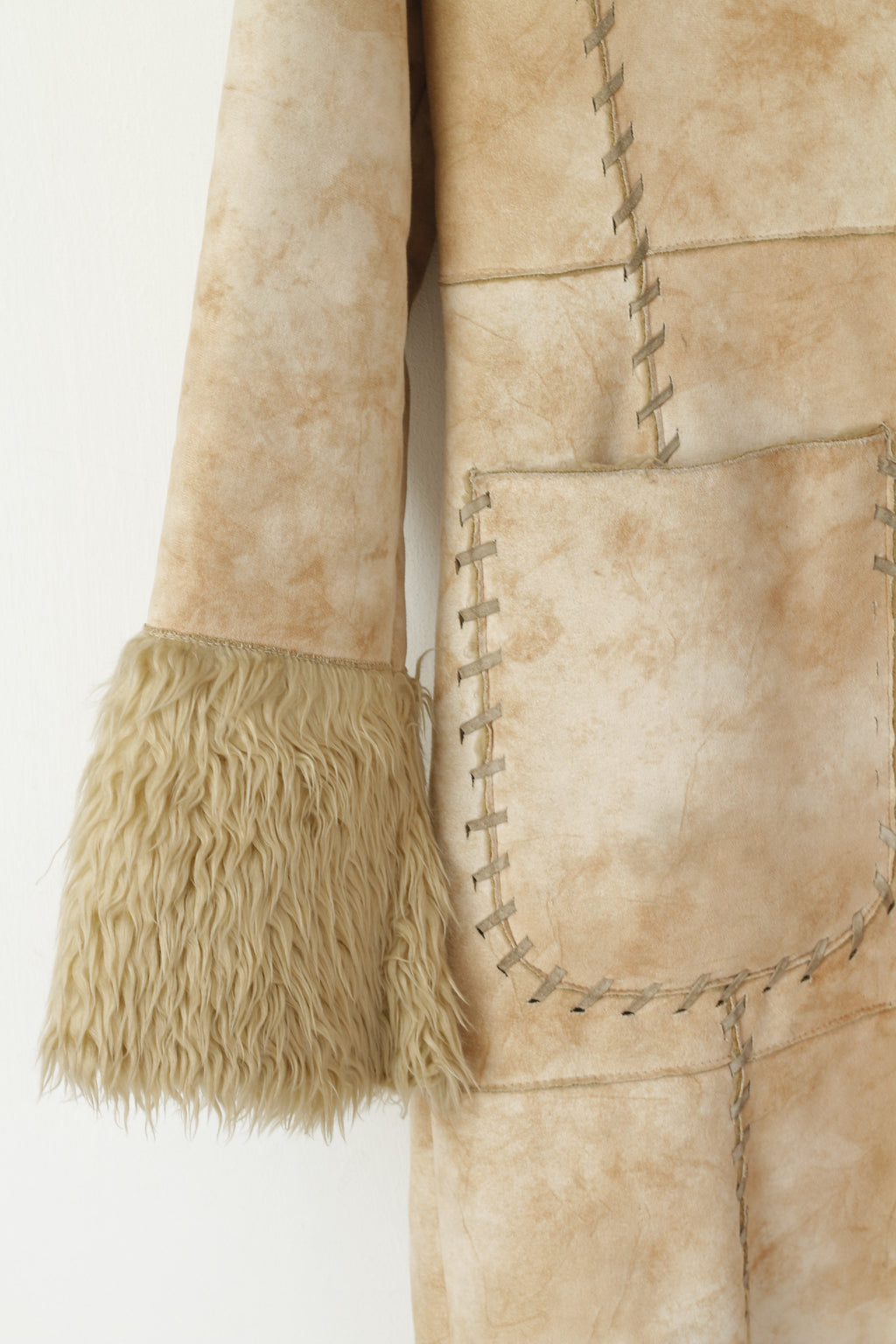 Amisu Manteau Femme 40 M Beige Boho Long Boutonné Fausse Fourrure Inserts Poche Haut