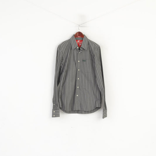Superdry Men XL (L) Casual Shirt Grey Cotton Striped Long Sleeve Slim Fit Top