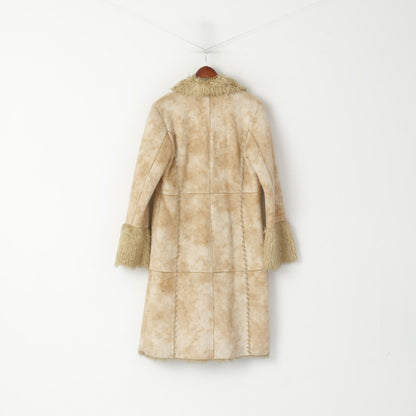 Amisu Womens 40 M Coat Beige Boho Long Buttoned Faux Fur Inserts Pocket Top
