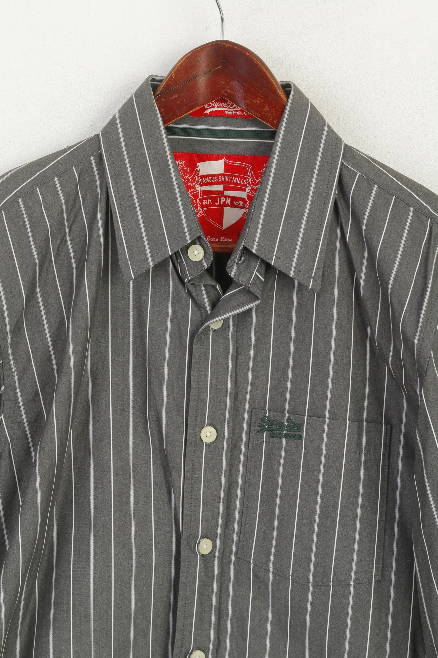 Superdry Men XL (L) Casual Shirt Grey Cotton Striped Long Sleeve Slim Fit Top