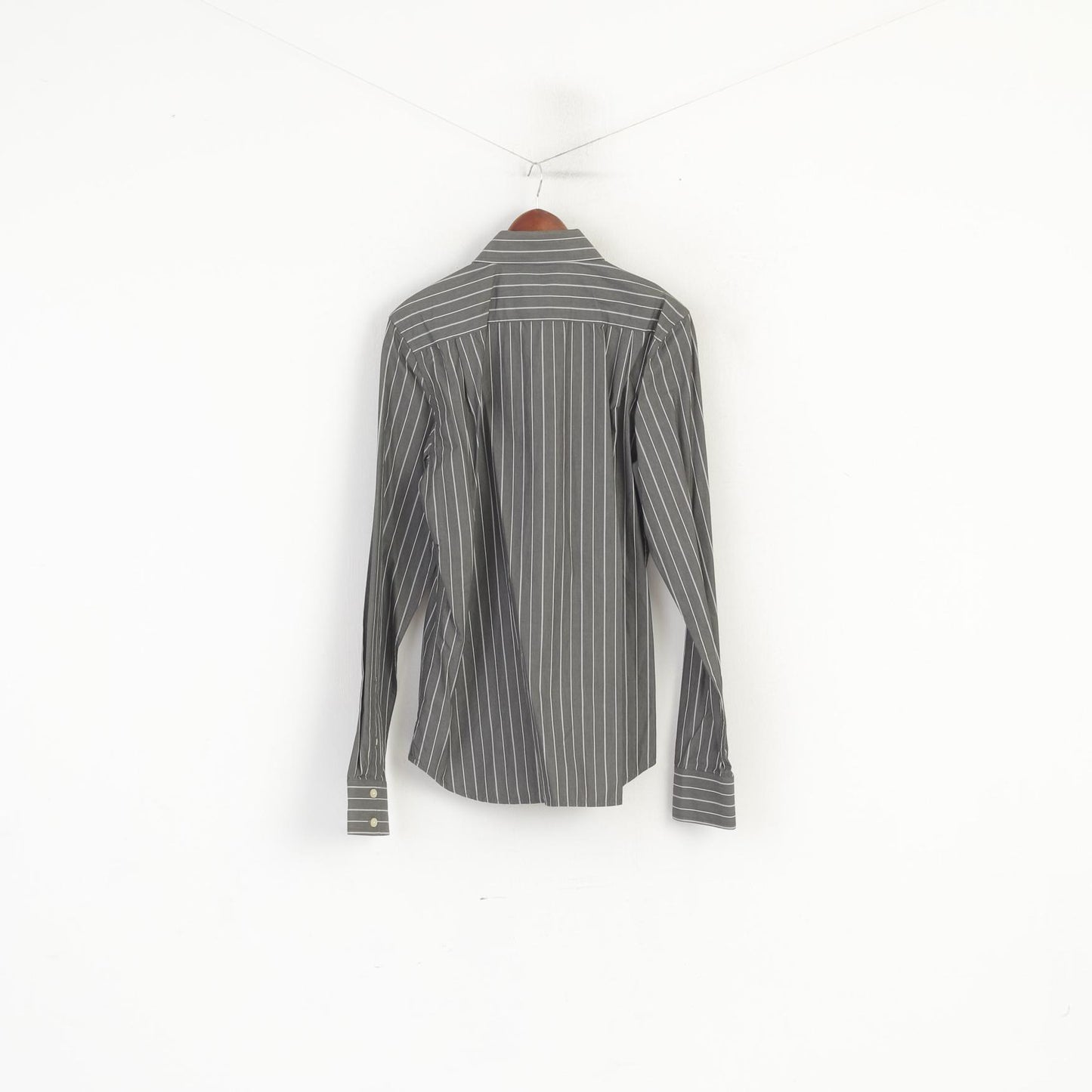 Superdry Men XL (L) Casual Shirt Grey Cotton Striped Long Sleeve Slim Fit Top