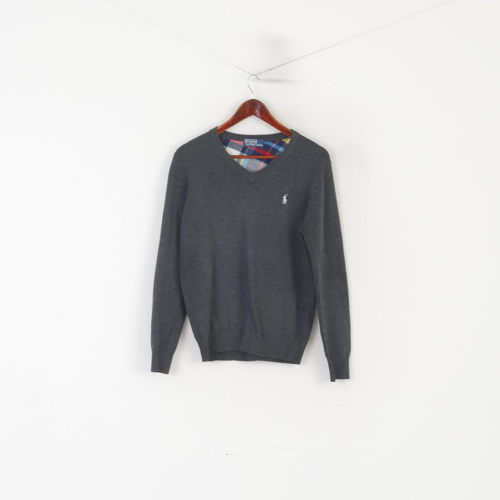 Polo by Ralph Lauren Men S Jumper Gray Wool V Neck Patches Vintage Sweater