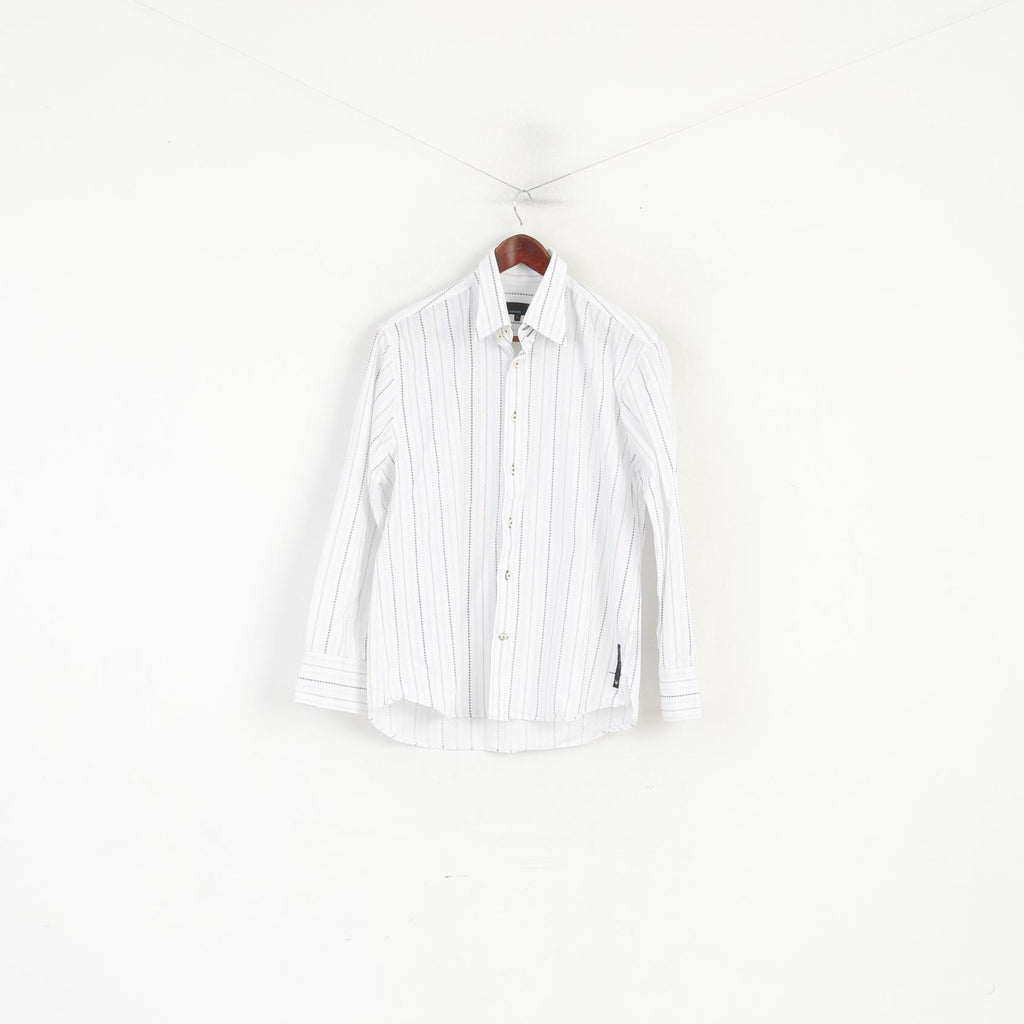 Duck and Cover Men L Casual Shirt White Striped Cotton Long Sleeve Top