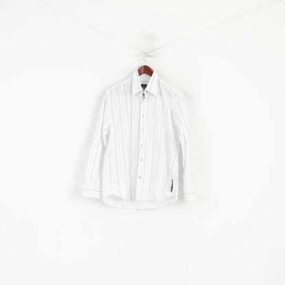 Duck and Cover Men L Casual Shirt White Striped Cotton Long Sleeve Top