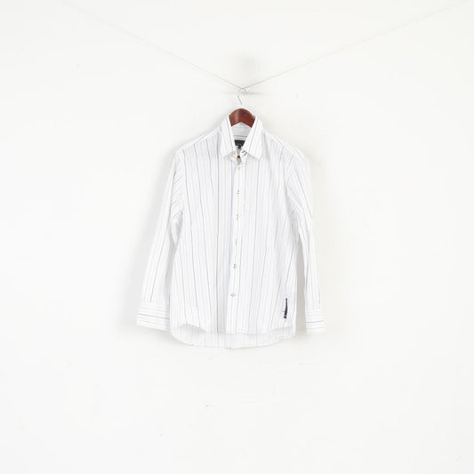 Duck and Cover Men L Casual Shirt White Striped Cotton Long Sleeve Top