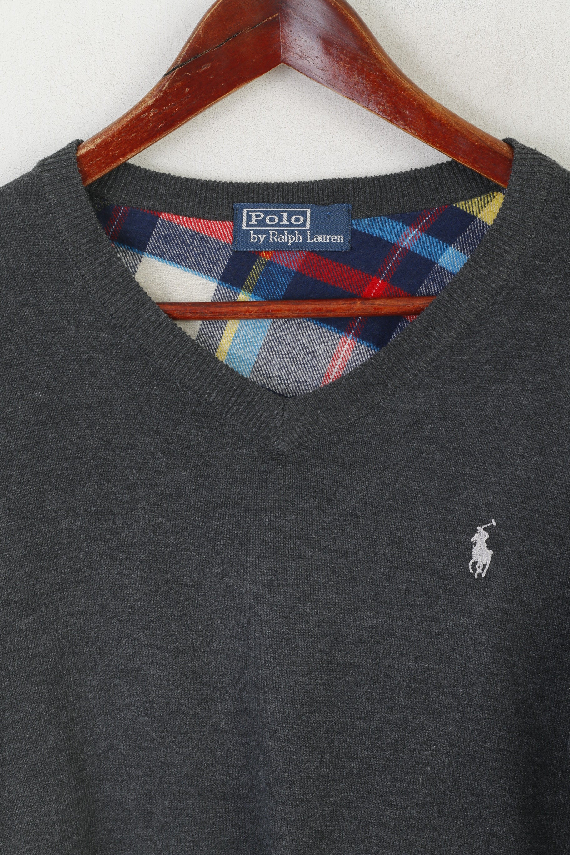 Polo by Ralph Lauren Pull vintage en laine gris avec patchs à col en V pour homme