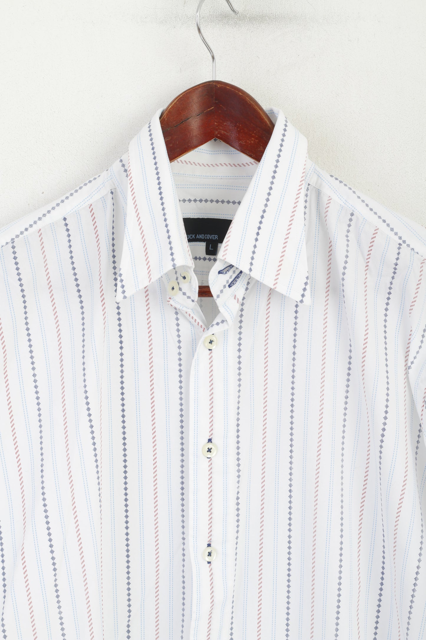 Duck and Cover Men L Casual Shirt White Striped Cotton Long Sleeve Top