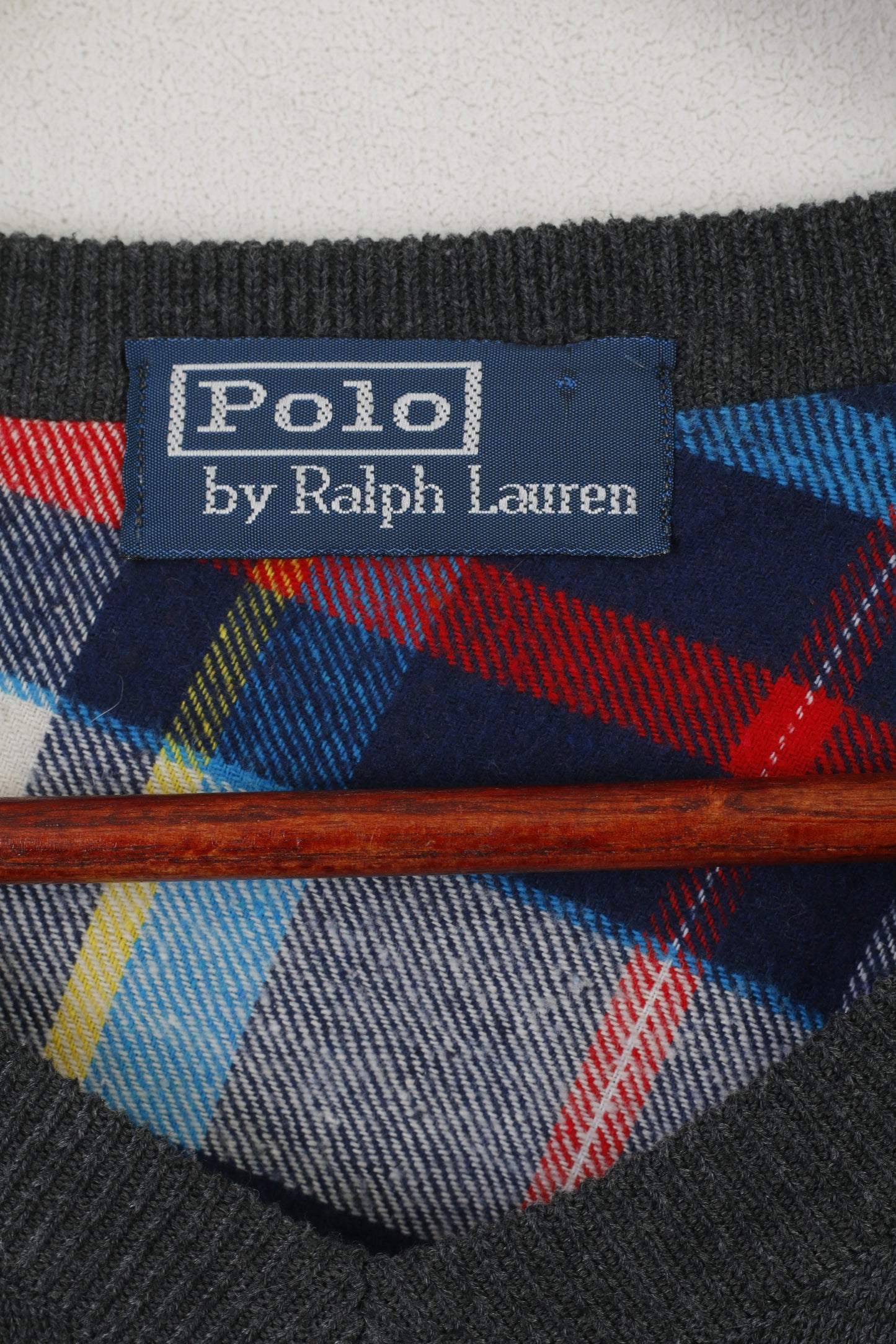 Polo by Ralph Lauren Men S Jumper Gray Wool V Neck Patches Vintage Sweater