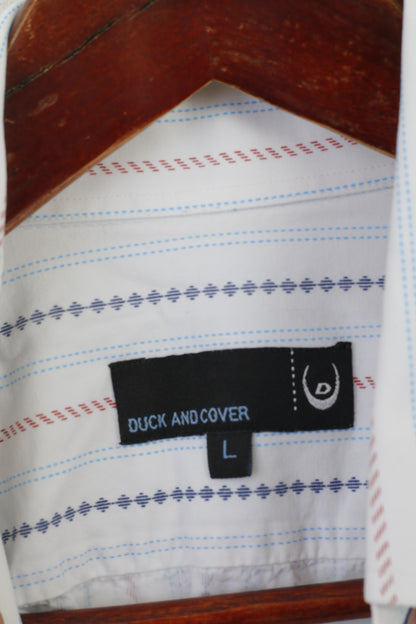 Duck and Cover Men L Casual Shirt White Striped Cotton Long Sleeve Top