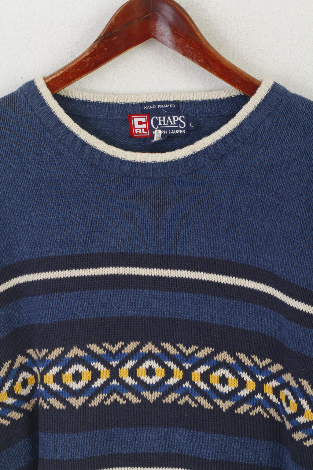 Chaps Ralph Lauren Men L Jumper Navy Cotton Vintage Hand Framed Crew Neck Sweater
