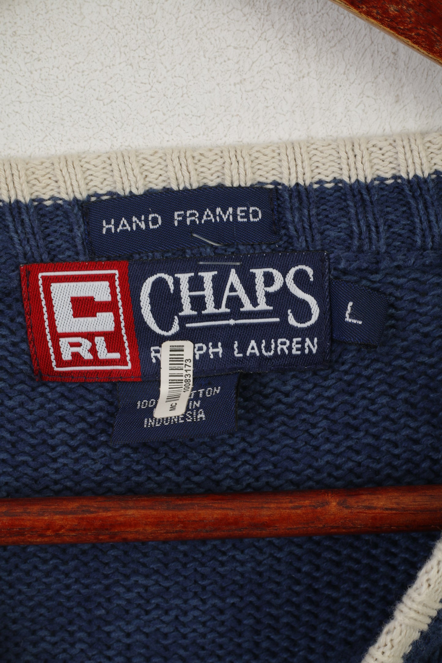 Chaps Ralph Lauren Men L Jumper Navy Cotton Vintage Hand Framed Crew Neck Sweater