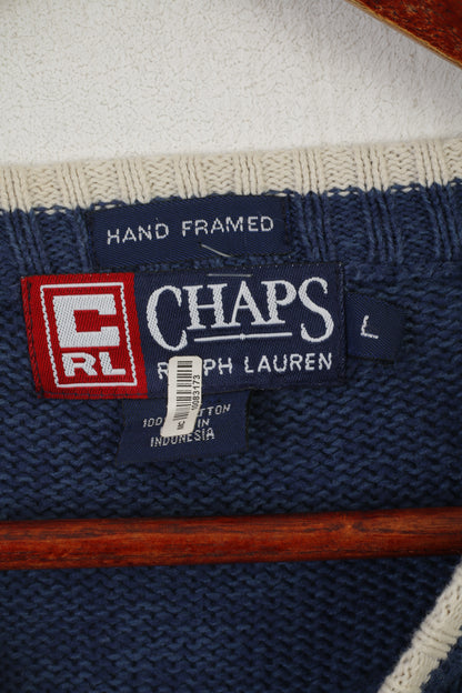 Chaps Ralph Lauren Men L Jumper Pull à col rond en coton bleu marine vintage encadré à la main