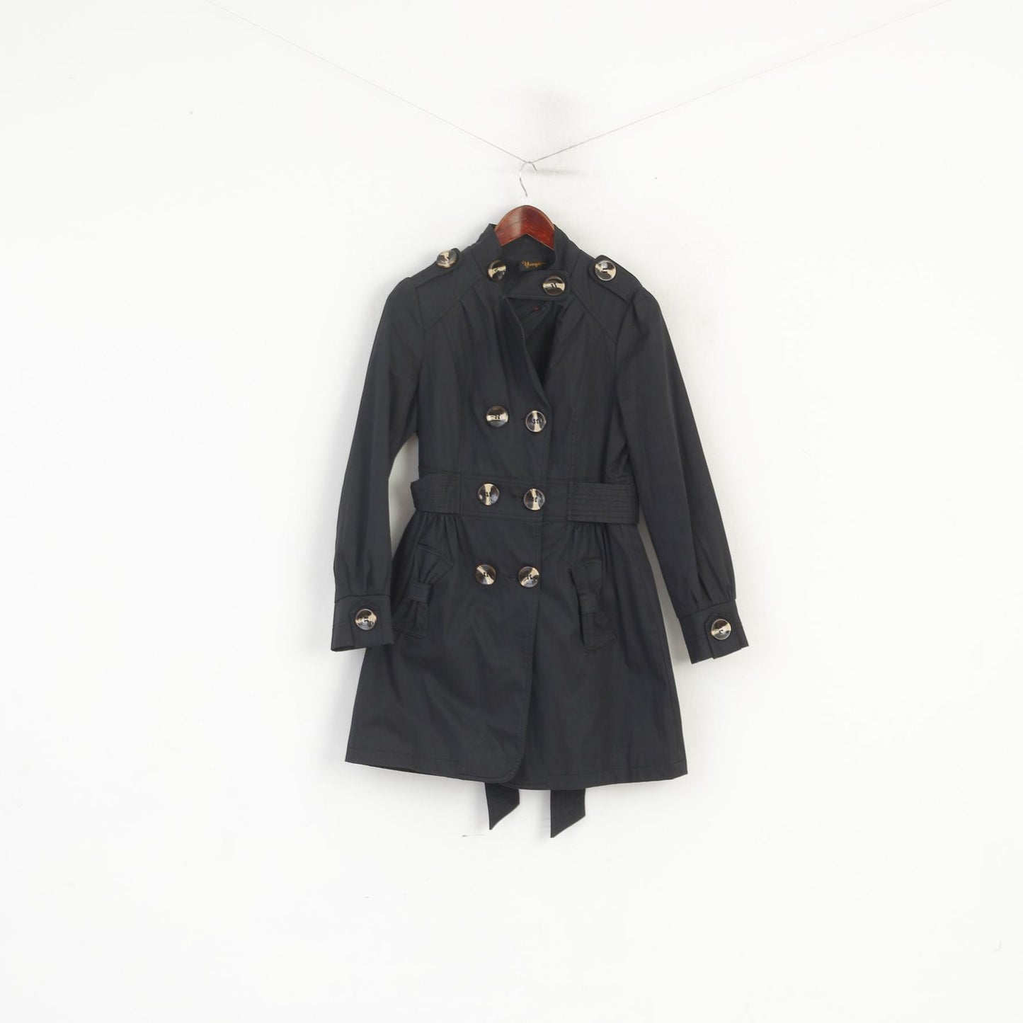 Cappotto da donna Yueyipai Top classico doppio petto con cintura in cotone nero