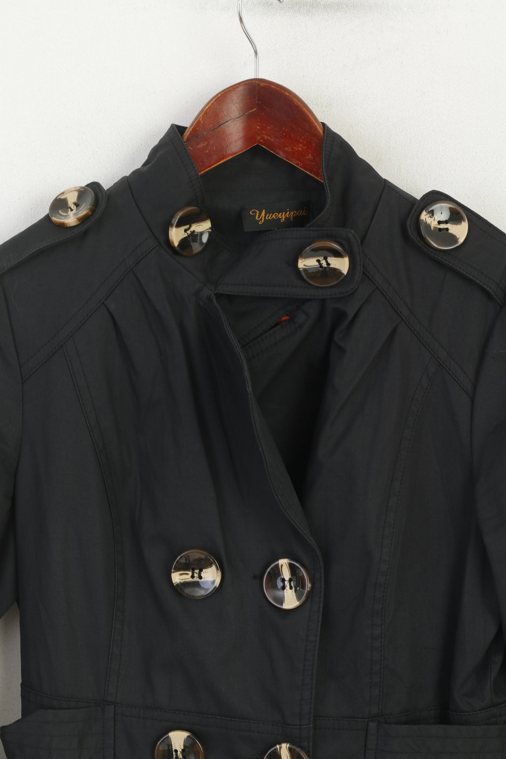 Yueyipai Manteau Femme Noir Coton Ceinturé Double Boutonnage Haut Classique