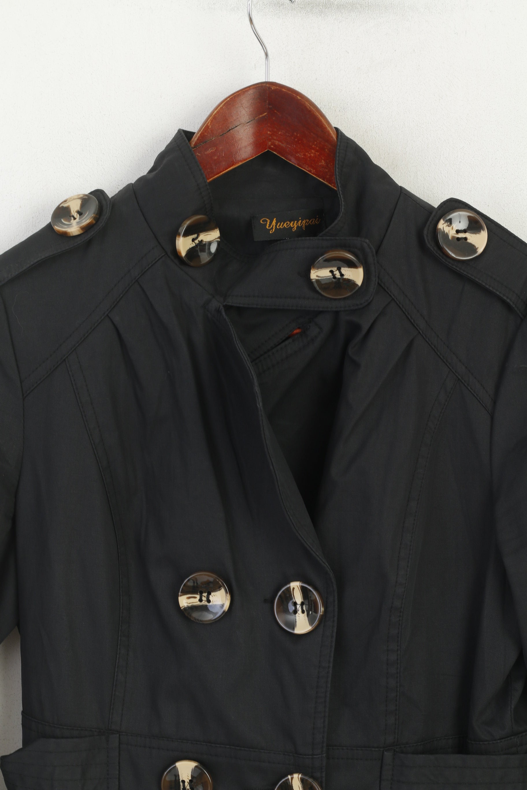 Yueyipai Manteau Femme Noir Coton Ceinturé Double Boutonnage Haut Classique