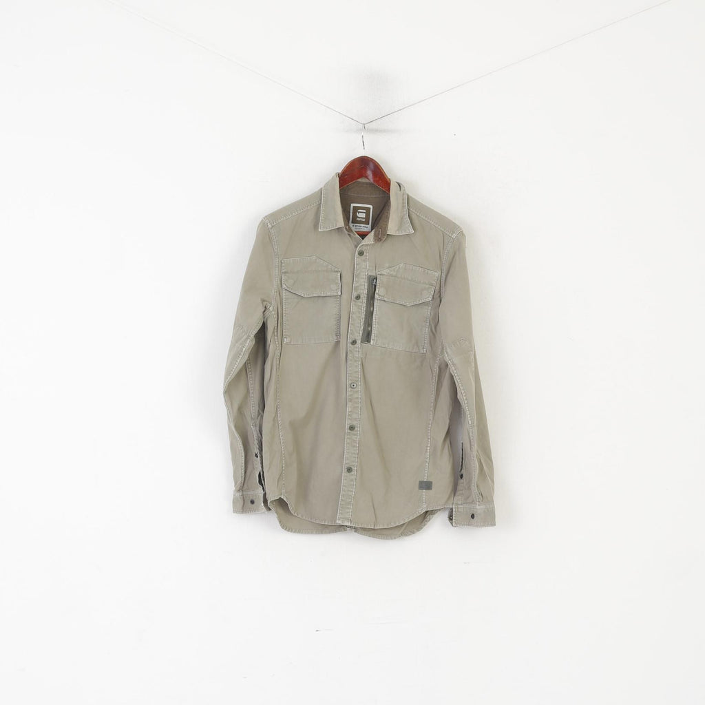 G-Star Raw Men M Casual Shirt Khaki Cotton Military Snap Pockets Cargo Line Top