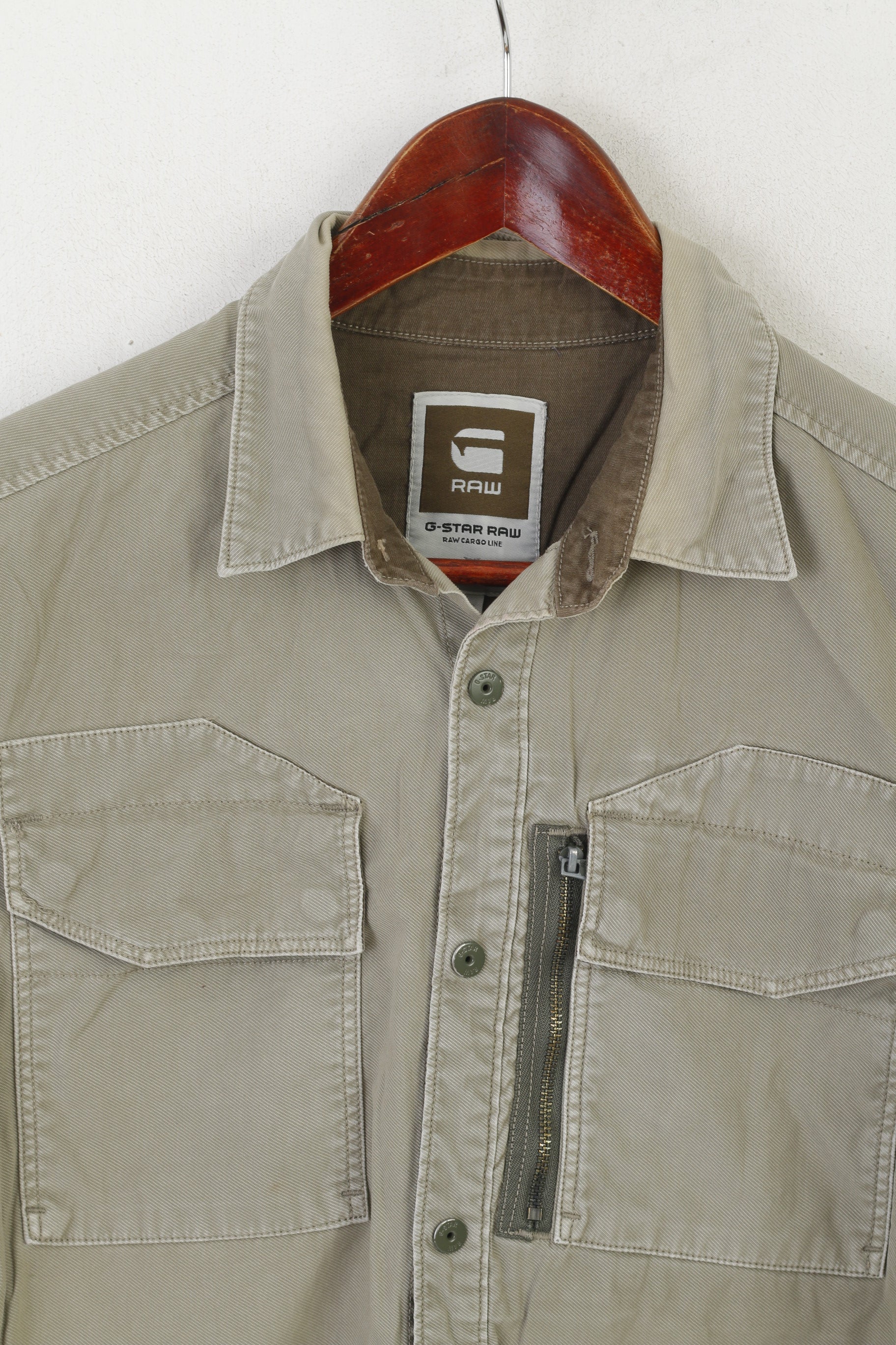 G-Star Raw Men M Casual Shirt Khaki Cotton Military Snap Pockets Cargo Line Top