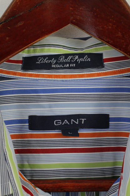 Gant Men L Casual Shirt Blue Cotton Striped Liberty Bell Poplin Regular Fit Top