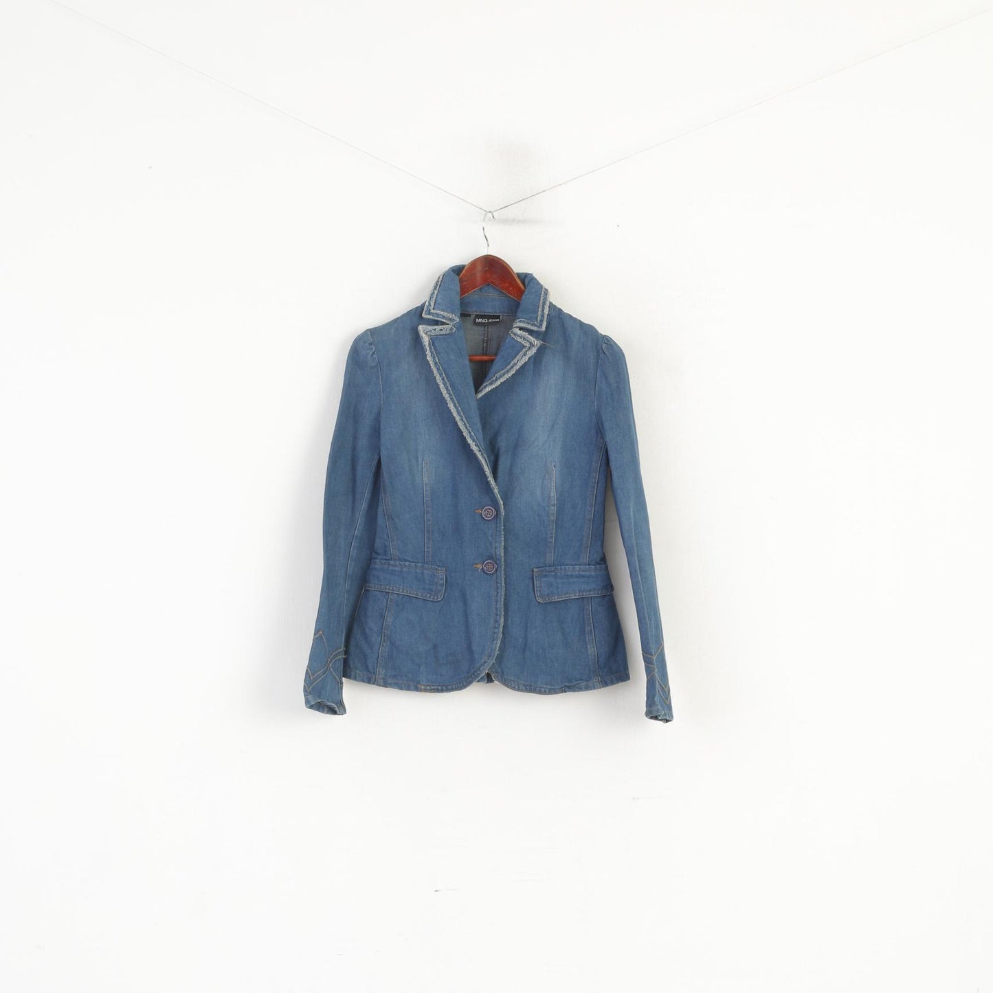 MNG Jeans Donna M (S) Giacca Blazer classico monopetto in denim di cotone blu