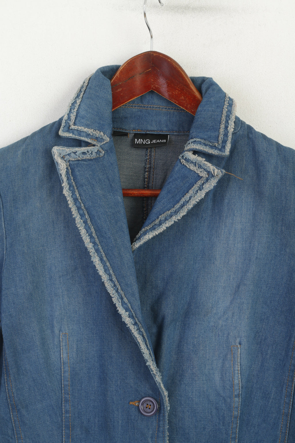 MNG Jeans Women M (S) Jacket Blue Cotton Denim Classic Single Breasted Blazer