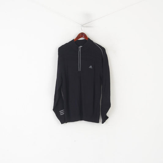 Adidas Men L Jumper Black Soft Cotton Stretch 3 Stripe Zip Neck Casual Sweater