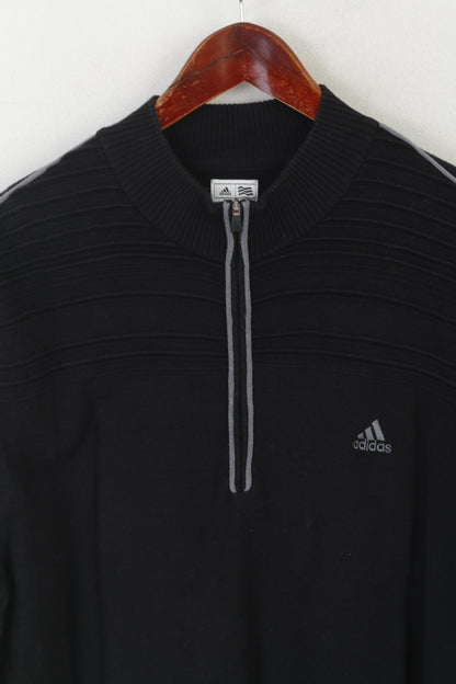 Adidas Men L Jumper Black Soft Cotton Stretch 3 Stripe Zip Neck Casual Sweater