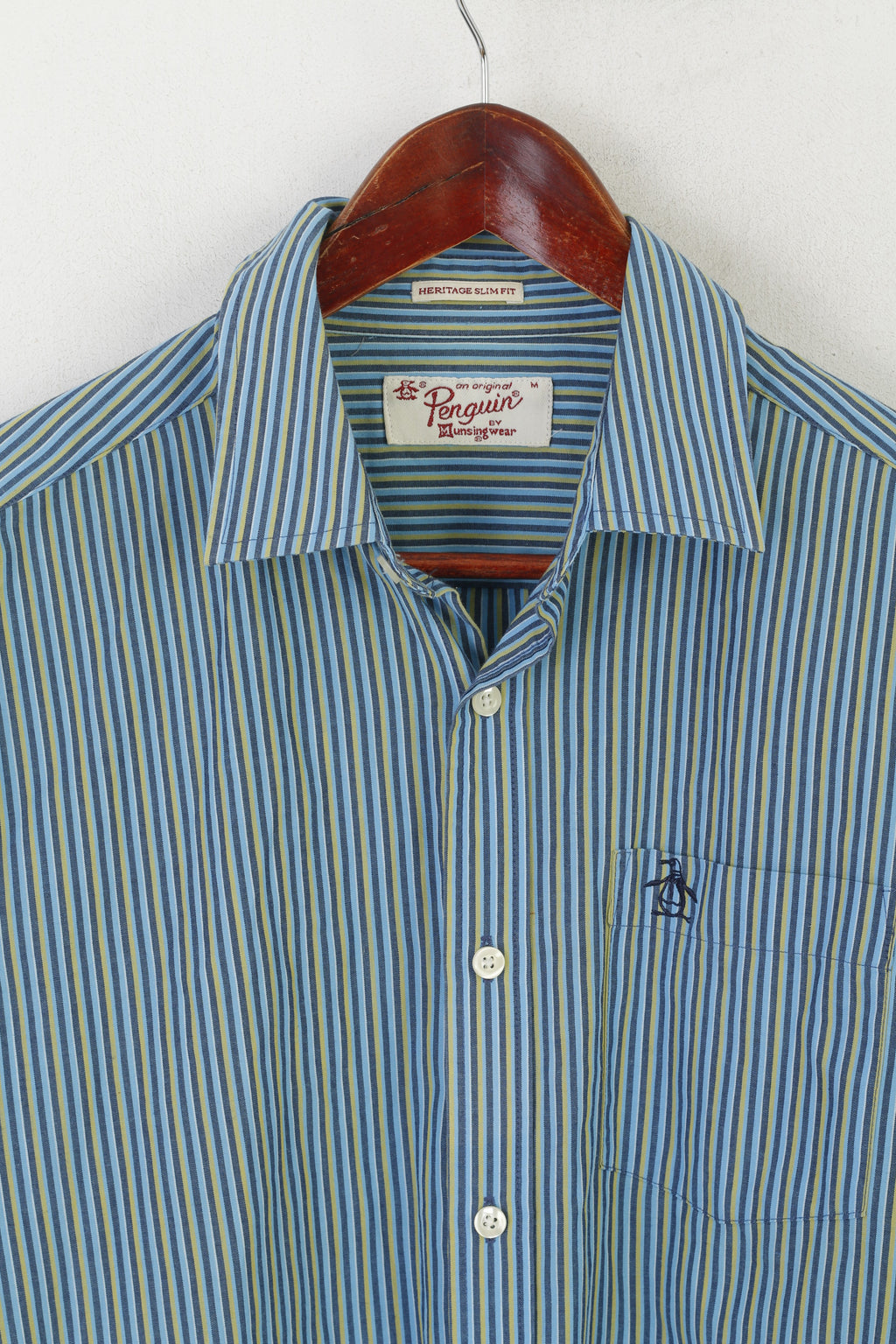 Penguin Men M Casual Shirt Blue Cotton Striped Heritage Slim Fit Long Sleeve Top